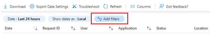 Screenshot of the Add filters button in the sign-in logs menu.