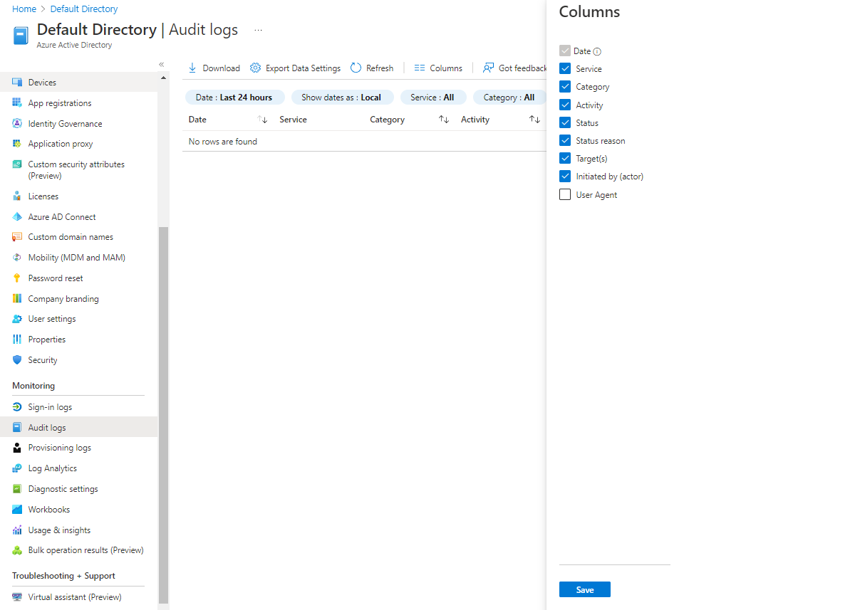 Screenshot that shows audit log columns and options.