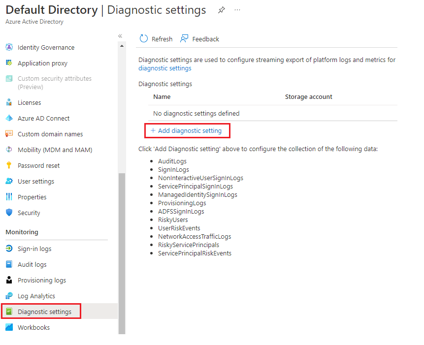 Screenshot that shows adding a new diagnostic setting.