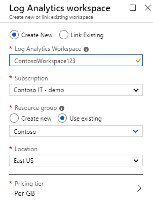 Screenshot that shows new Log Analytics workspace options.