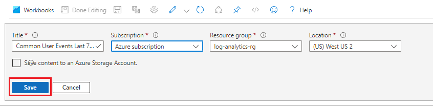 Screenshot that shows details and the Save button for a Log Analytics query.