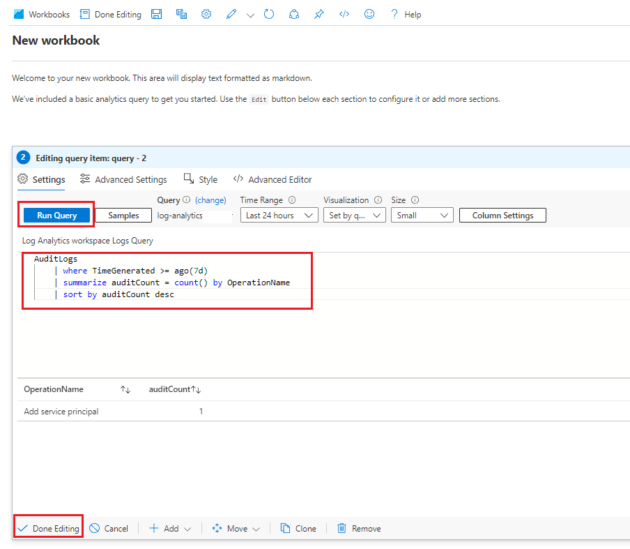 Screenshot that shows adding a query to a workbooks template and selecting run.