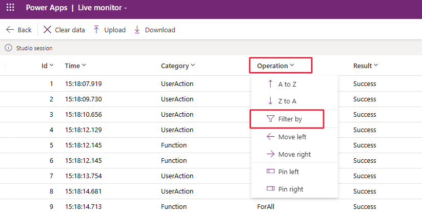 Screenshot of column filter by option.