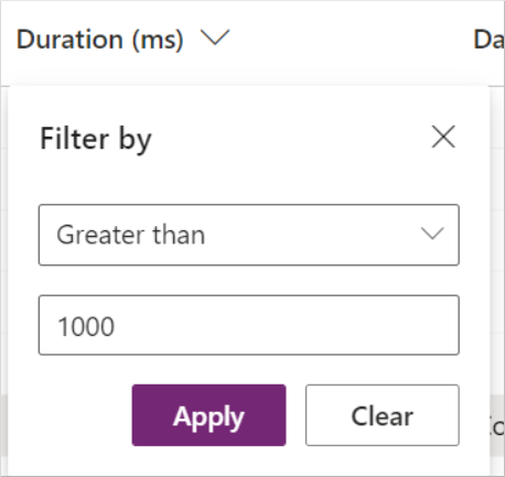 Screenshot of the duration column filter.