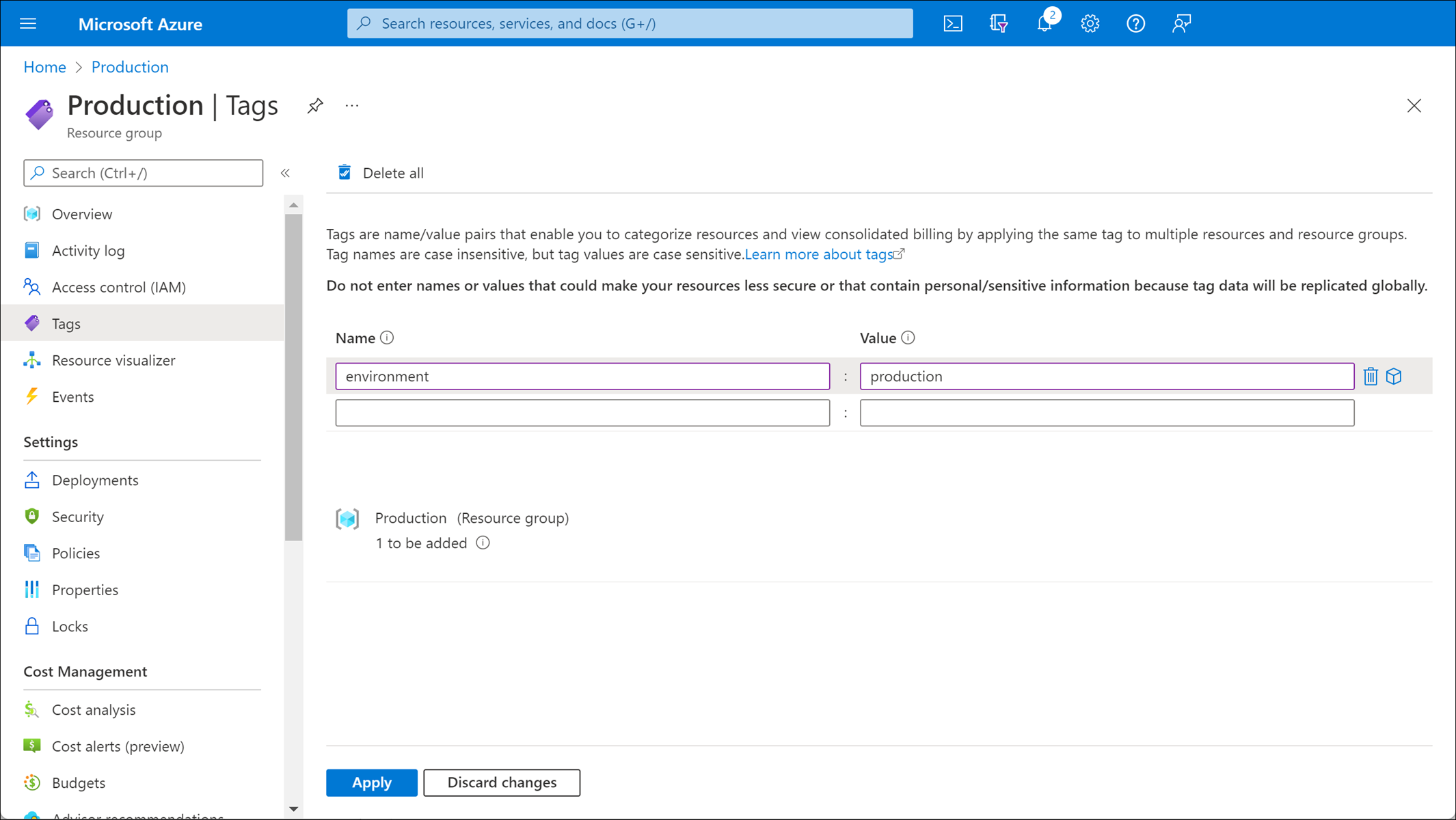 Screenshot that shows the Assign tags pane.