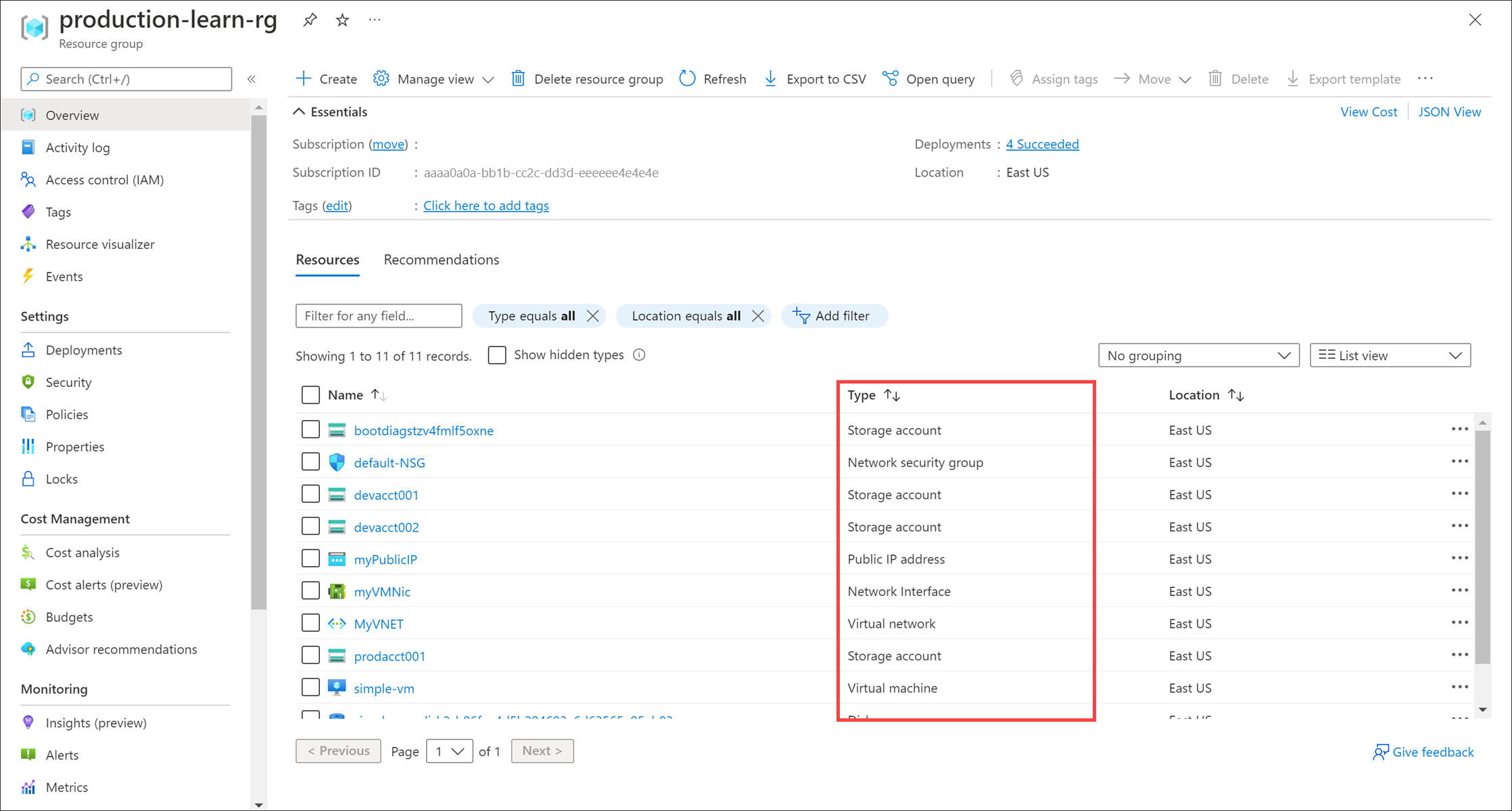 Screenshot that shows the resource type column on the All resources page.