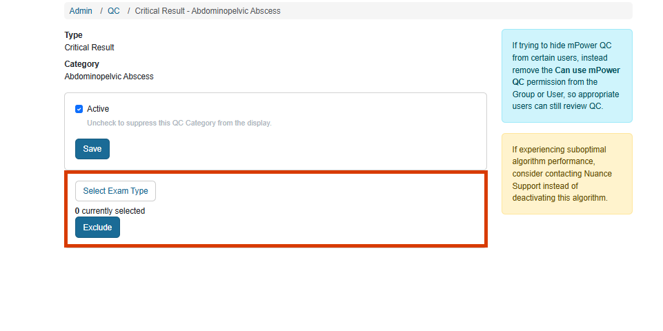 Screenshot of QC algorithm management with the Select Exam Type and Exclude buttons highlighted for configuring exam code exclusions.