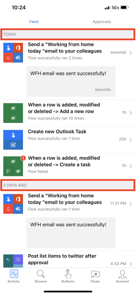Screenshot of activity organized by day with Today and Yesterday highlighted.