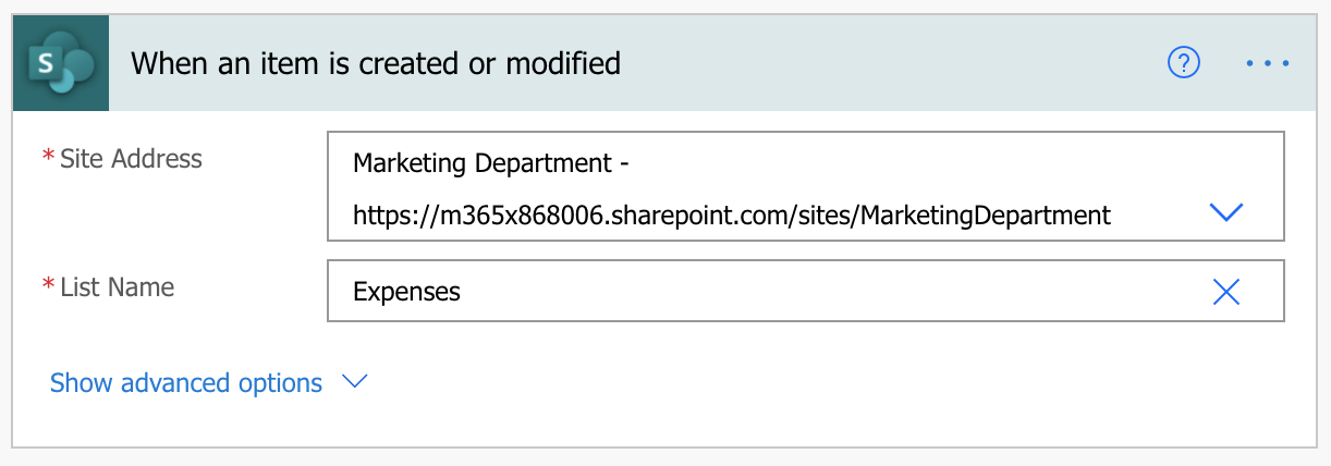 Screenshot of When an item is created or modified with the Site Address set to a SharePoint teams address, and List Name set to TravelTimeList.