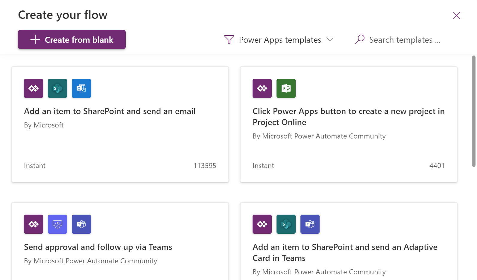 Screenshot of search results for PowerApps button.