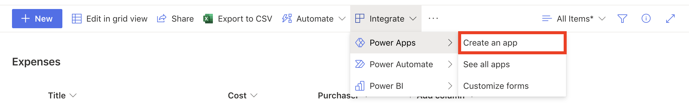 Screenshot of SharePoint toolbar with the PowerApps menu expanded and the Create an app option highlighted.
