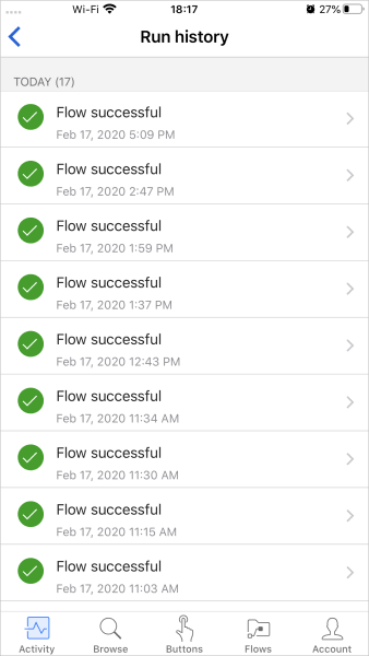 Screenshot of the Run history showing Flow successful and the date and time for each run under TODAY (17).