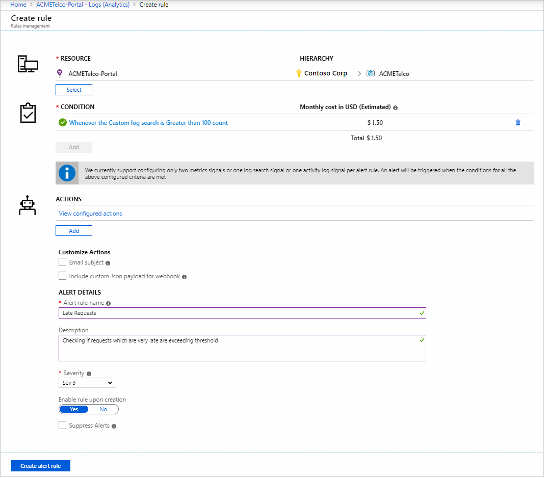Screenshot that shows how to configure an alert rule in the Azure portal for log analytics.