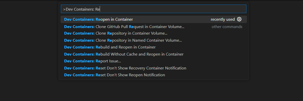 Screenshot of the Command Palette option to reopen the current folder within the context of a development container.