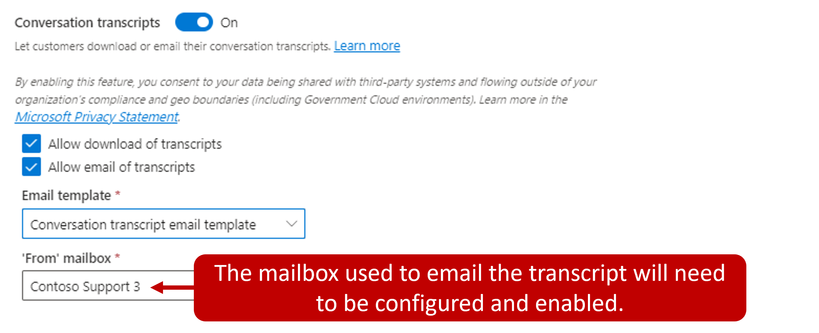 Screenshot of the Chat Transcripts with the From mailbox highlighted.