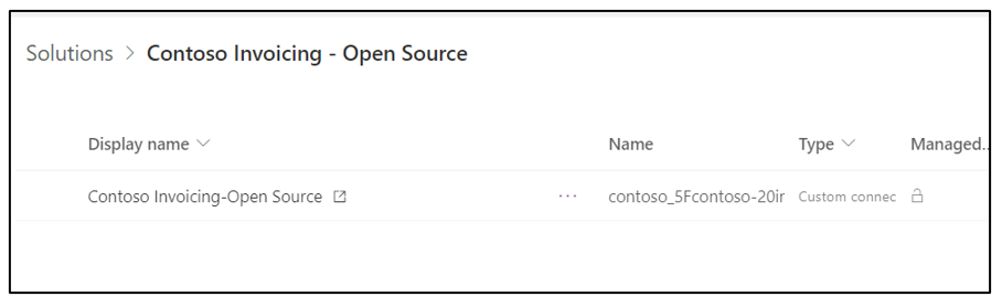 Screenshot of solution components in Contoso Invoicing - Open Source.