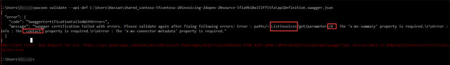 Screenshot of validation errors in the command window.