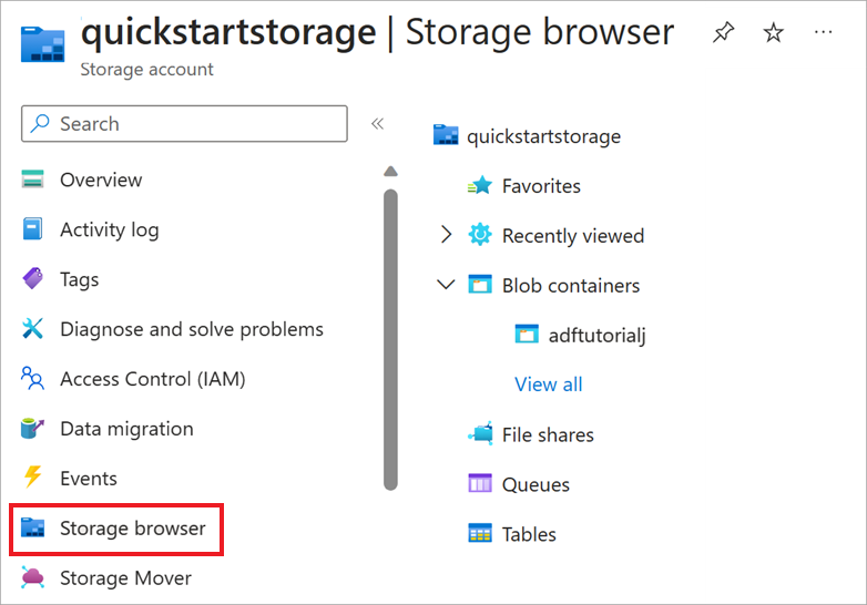 Screenshot of Azure portal storage account with Storage browser selected.