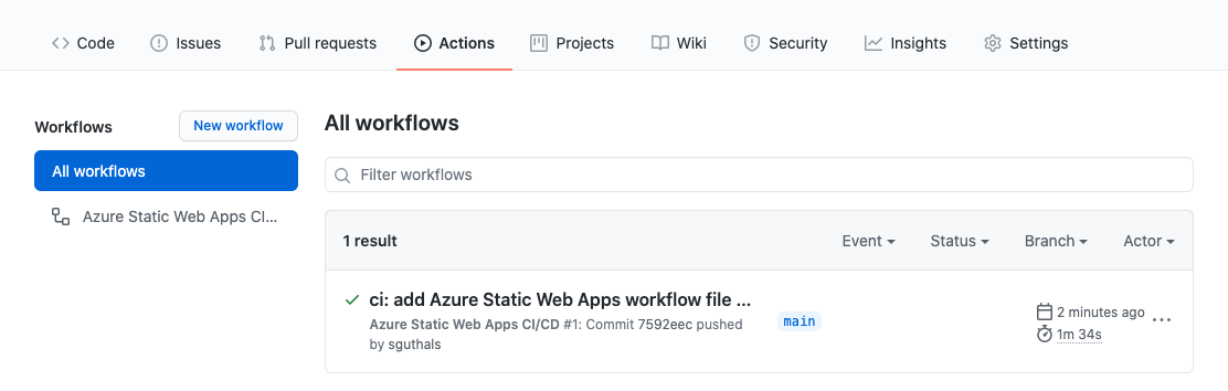 Screenshot that shows the GitHub action for this web app.