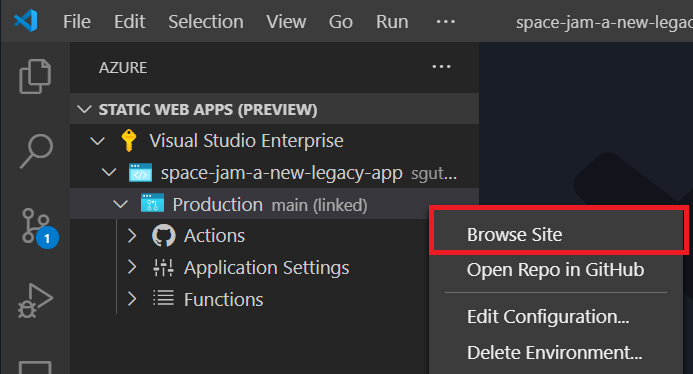 Screenshot that shows locating the browse site menu in Visual Studio Code.