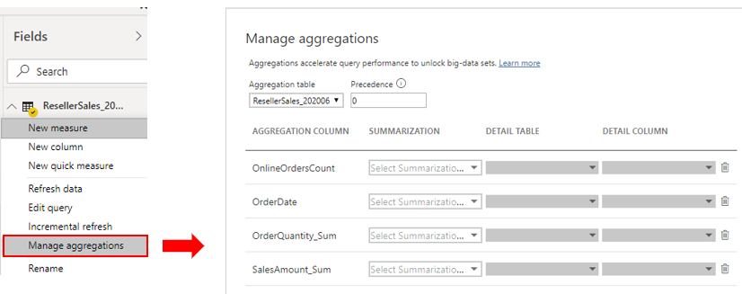 Screenshot shows the manage aggregations window.