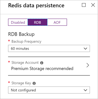 Screenshot of the Azure portal showing the RDB persistence options on a new Redis cache instance.