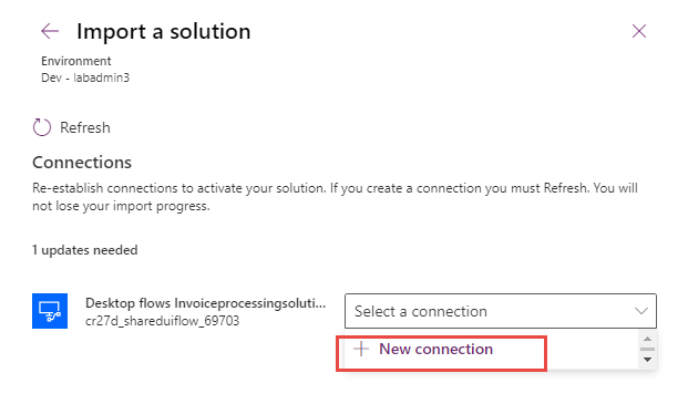 Screenshot of the New connection button.