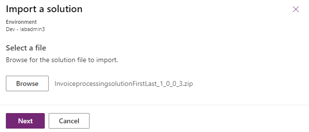 Screenshot of the Import a solution screen with the Next button.