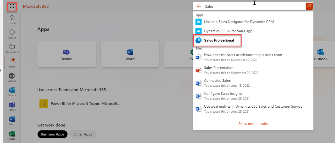 Dynamics 365 Sales Professional app unified interface.