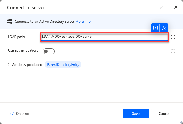 Screenshot of Connect to server action properties.