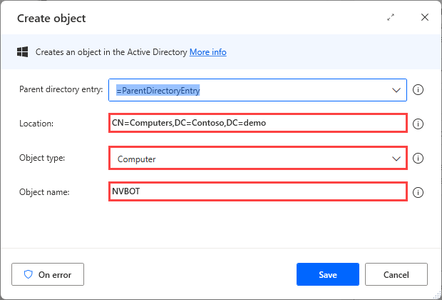 Screenshot of Create object action properties.