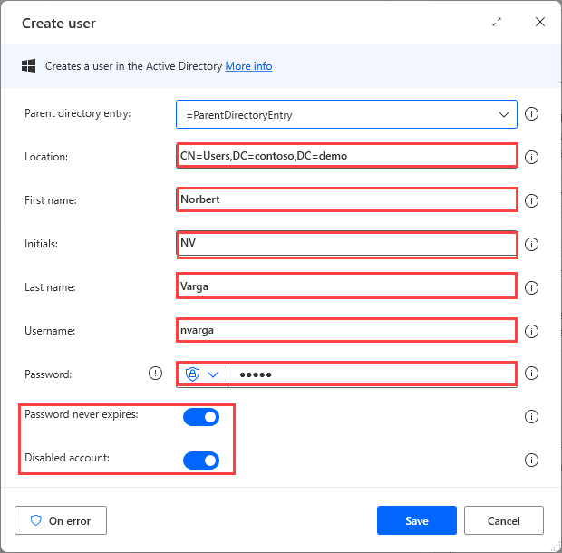 Screenshot of Create user action properties.