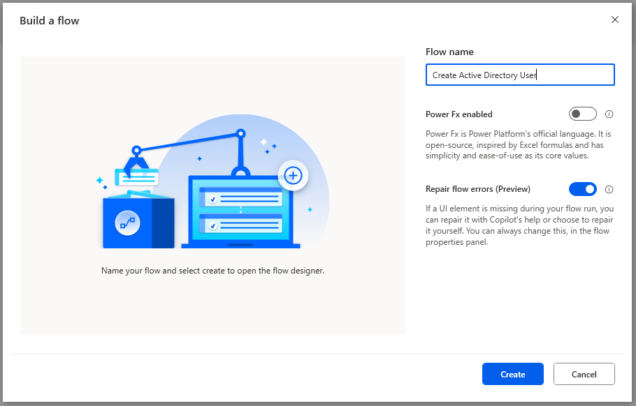 Screenshot of the create new flow dialog.