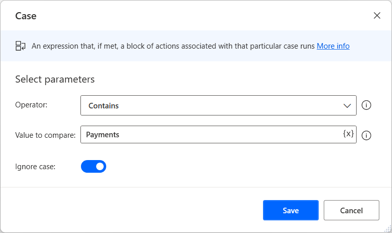 Screenshot of the Case action dialog with Operator set to contains, and Value to compare set to payments.