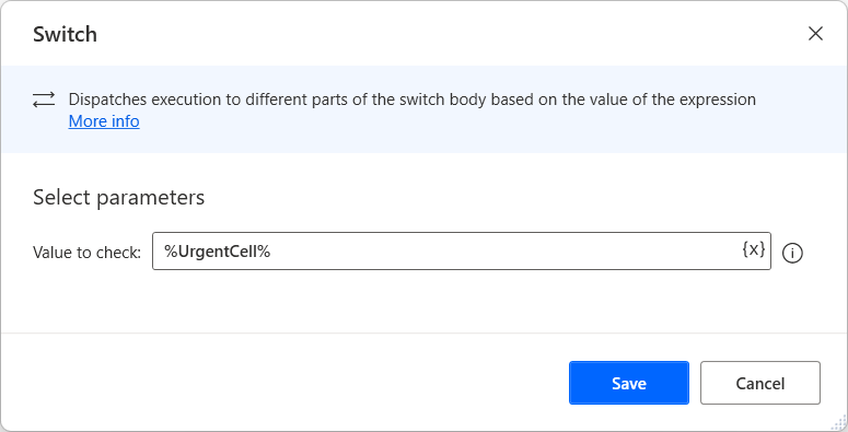 Screenshot of the Switch action property dialog with Value to check set to UrgentCell.