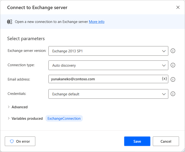 Properties of the Connect to Exchange server action dialog.