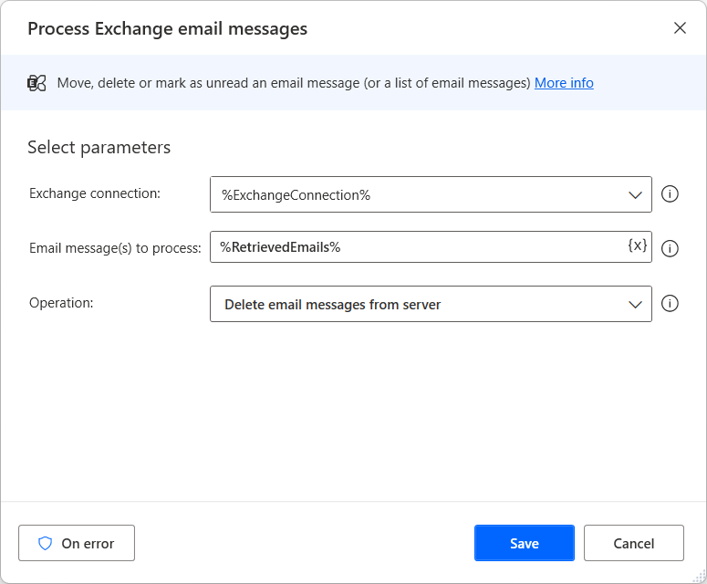 Properties of the Process Exchange email messages action dialog.