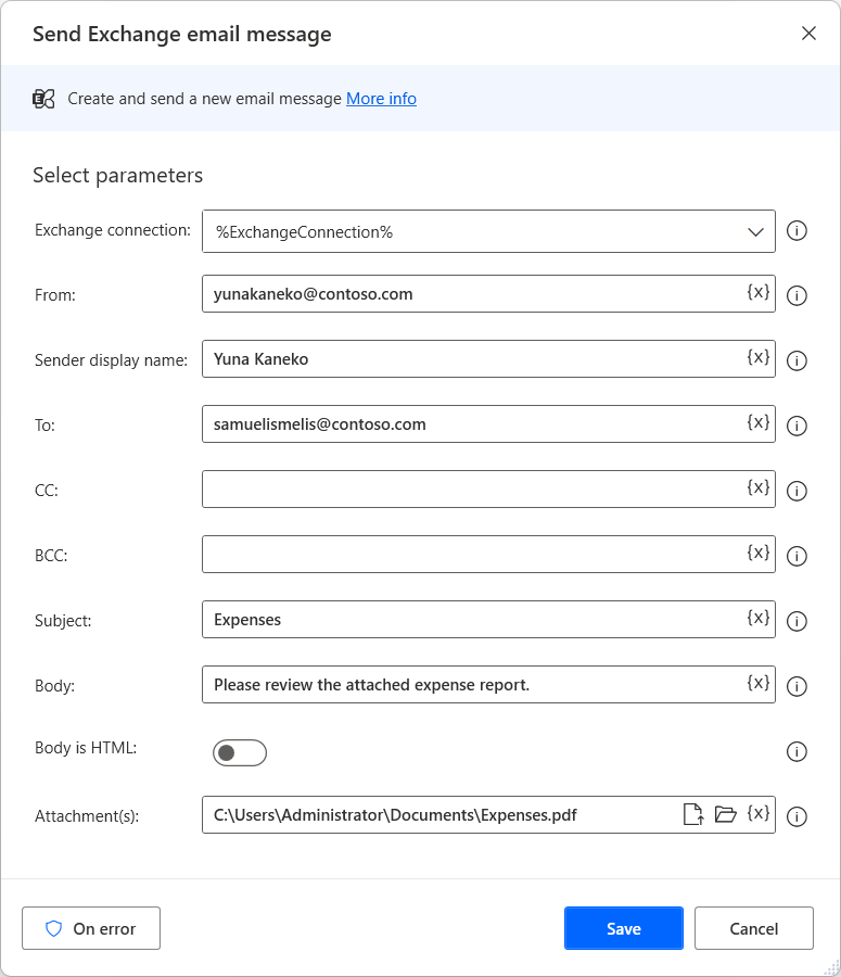 Properties of the Send Exchange email message action dialog.