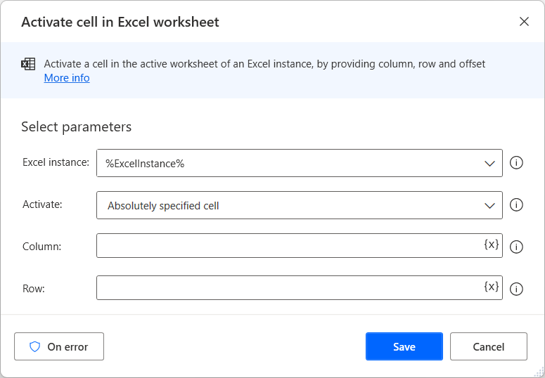 Screenshot of Activate Cell in Excel Worksheet action properties dialog.