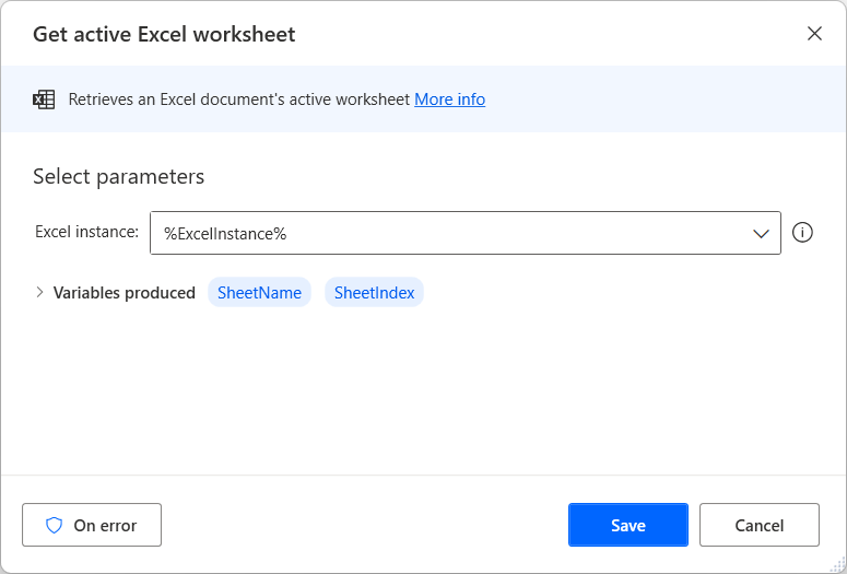 Screenshot of Get active Excel worksheet action properties dialog.