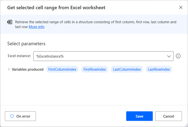 Screenshot of Get selected cell range Excel worksheet action properties dialog.