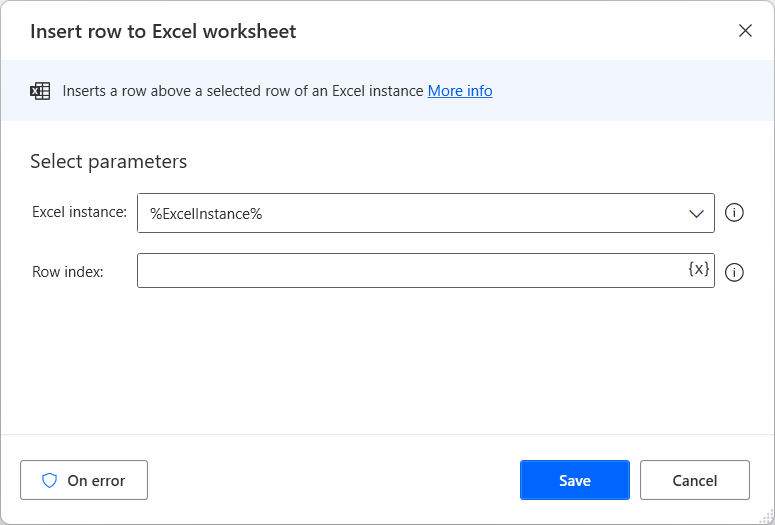 Screenshot of Insert row to Excel worksheet action properties dialog.