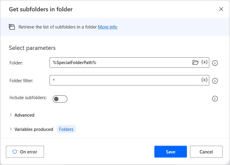 Screenshot of the Get Subfolders in Folder action properties dialog.