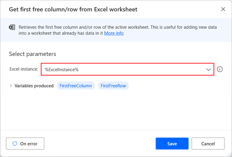 Screenshot of the Get first free column/row from Excel worksheet action dialog.