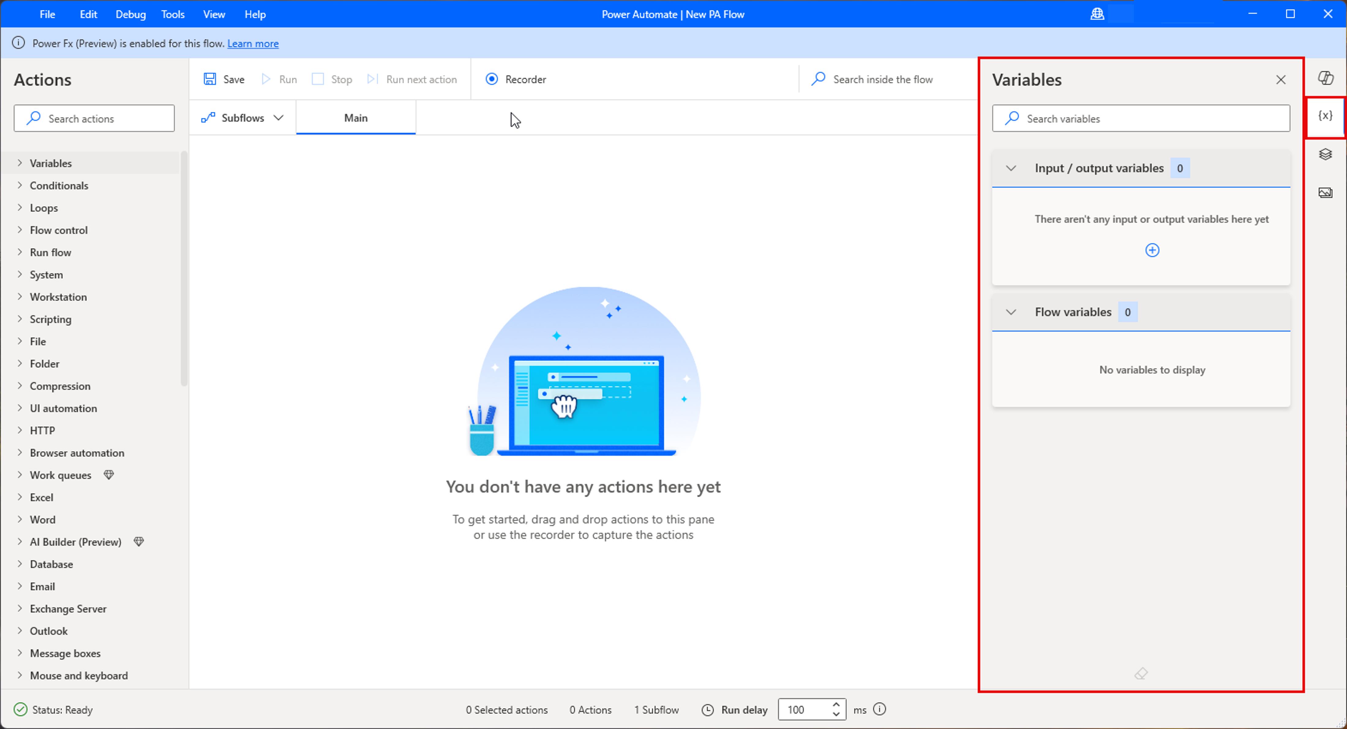 Screenshot of the Variables pane in the flow designer.