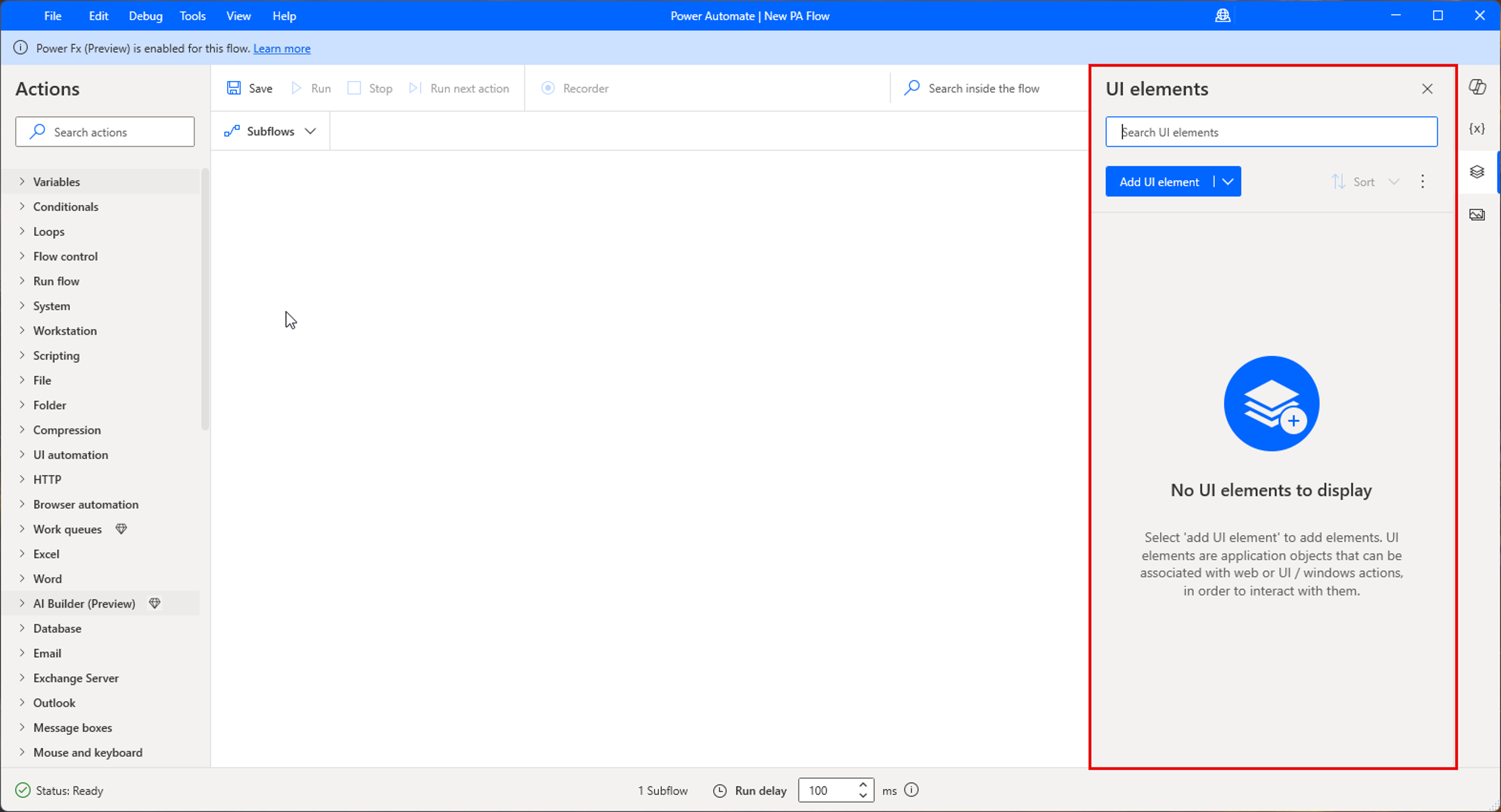 Screenshot of the UI elements pane in the flow designer.