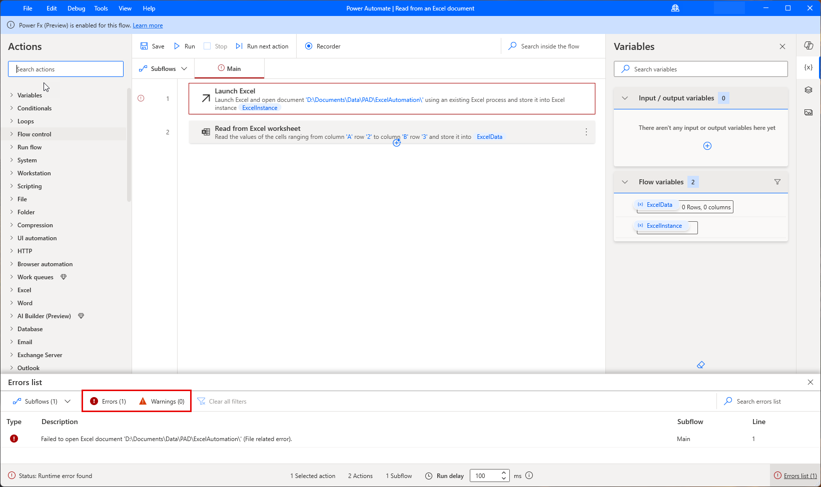 Screenshot of the Errors pane in the flow designer.