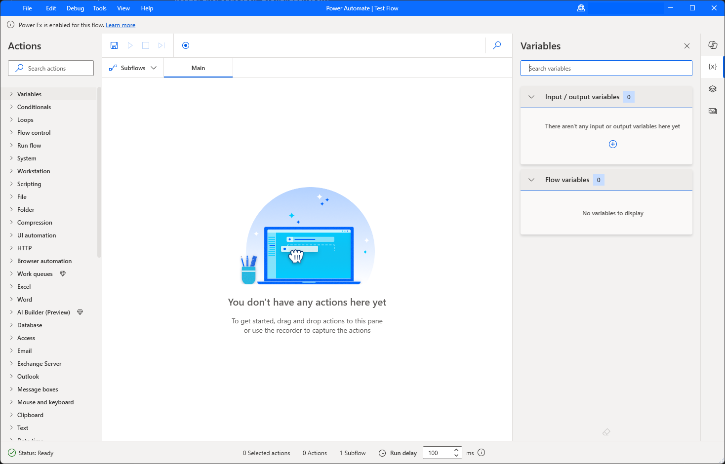 Screenshot of the Power Automate for desktop flow designer.
