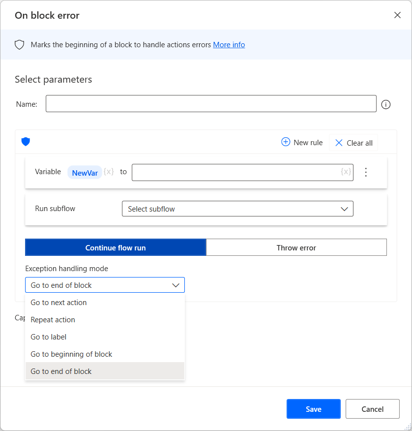 Screenshot of the On block error action properties dialog.