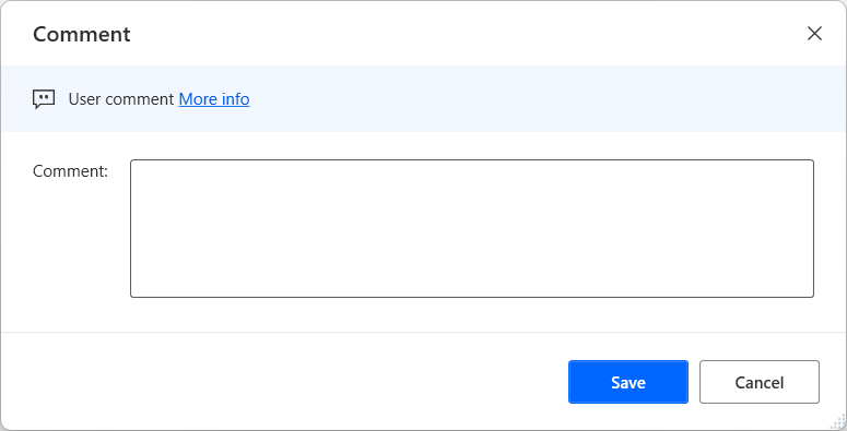 Screenshot of the Comment action properties dialog.
